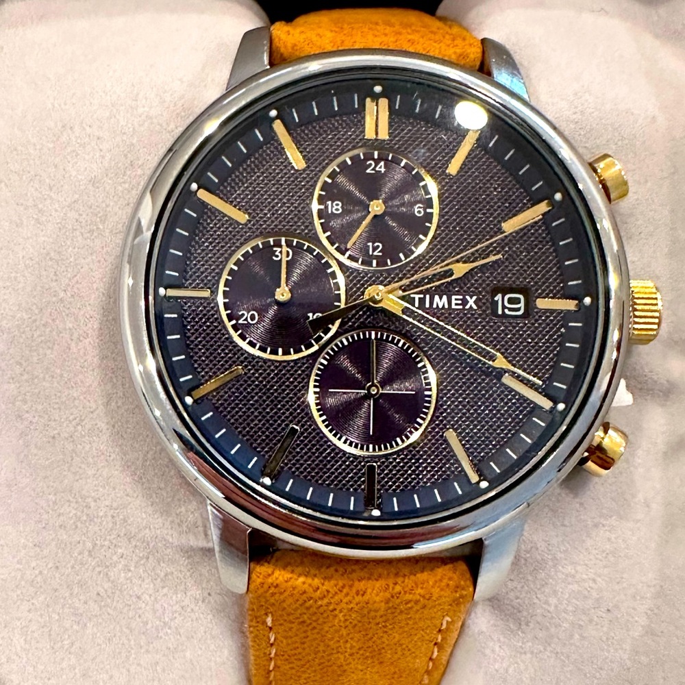 Timex Men's Watch with Blue Dial and Tan Strap